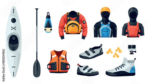 Kayaking gear collection featuring paddles, life jackets, and safety equipment in modern flat style