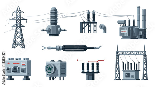 Industrial power infrastructure set with transformers and electrical components