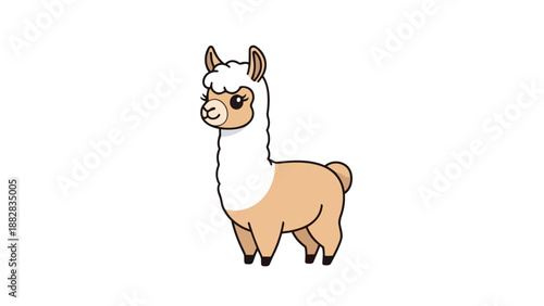 A delightful and endearing cartoon illustration of a charming baby alpaca featuring soft fluffy white wool and a gentle tan body standing serenely,