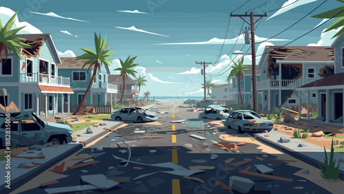 Coastal town aftermath with debris and damaged homes under clear sky