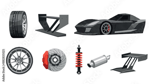 Isometric racing car parts and accessories
