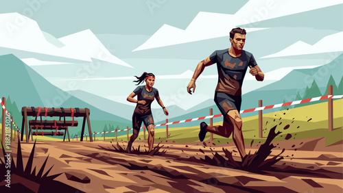 Dynamic outdoor obstacle race with two runners in geometric style