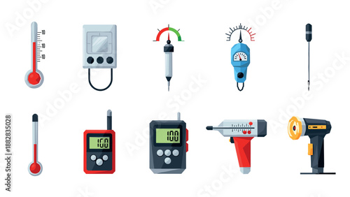 Collection of colorful measurement instruments icons in flat design