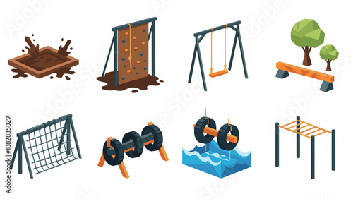 Outdoor playground equipment set with climbing wall, swing, and obstacle course in isometric style
