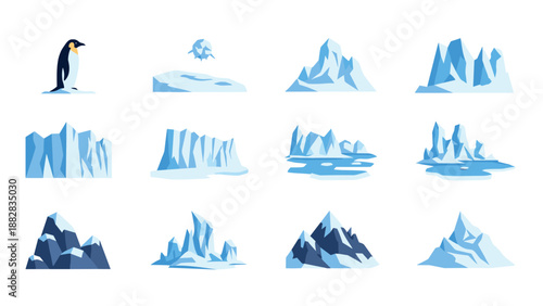 Flat style iceberg collection with penguin on polar landscape