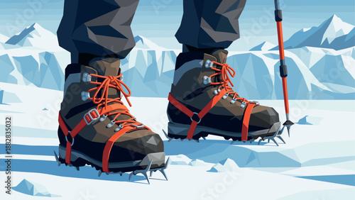Climbers trekking with crampons in stunning low poly mountain landscape
