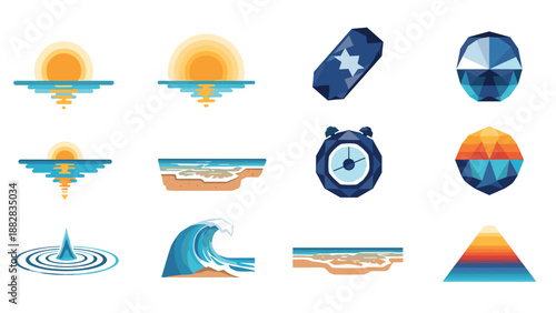 Geometric sunsets and ocean elements in vibrant low poly style