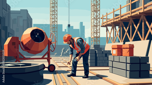 Construction worker on site with concrete mixer and safety gear in flat style