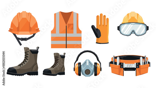 Safety equipment collection featuring construction gear icons including helmets and gloves