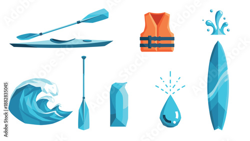 Water sports equipment collection featuring kayak, paddle, and surfboard icons