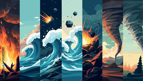 Dynamic natural disasters: abstract geometric depictions of fire, floods, and tornadoes