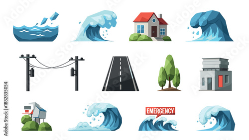 Natural disasters preparedness: floods and emergency icons