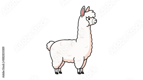 Charming fluffy cartoon alpaca illustration standing peacefully against a clean white backdrop adorable mammal with soft wooly texture and friendly