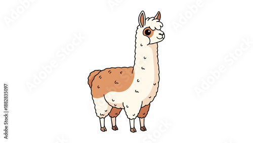 A charming cartoon llama with cream and brown fur stands playfully on a white background.