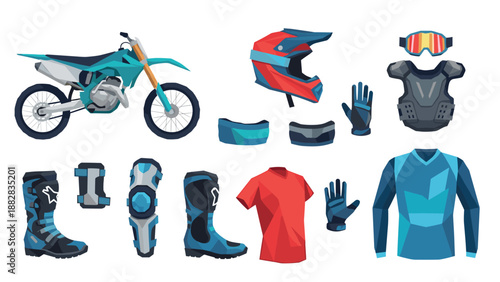 Colorful flat motocross gear and bike set for enthusiasts and racers