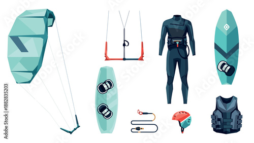 Kitesurfing gear set featuring wetsuit, helmet, and boards in modern style