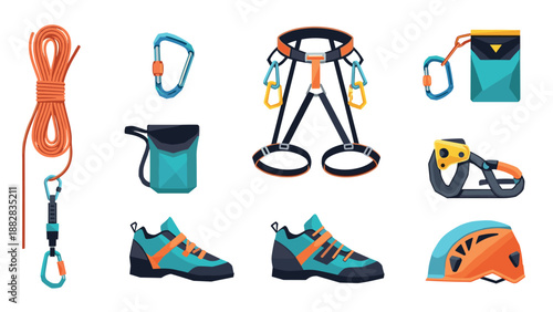 Essential rock climbing gear set with modern flat design elements for outdoor adventure enthusiasts