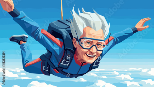 Elderly person skydiving with joy over cloudy skies in vibrant flat art