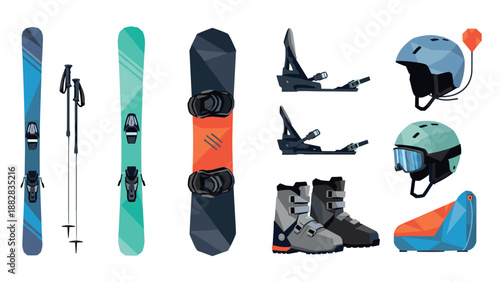 Winter sports gear set with skis, snowboard, boots, bindings, helmet, and goggles