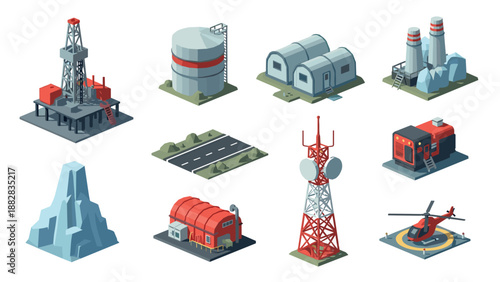Industrial isometric icons set featuring oil rig, storage tank, communication tower, helicopter pad