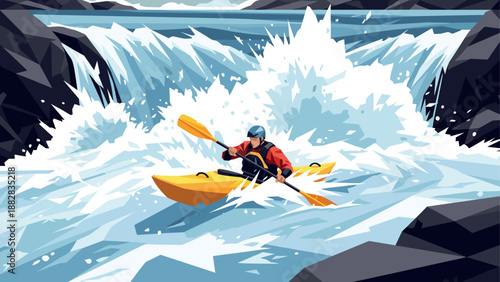 Adventurous kayaking in rapid waterfall with dynamic splash and bold colors