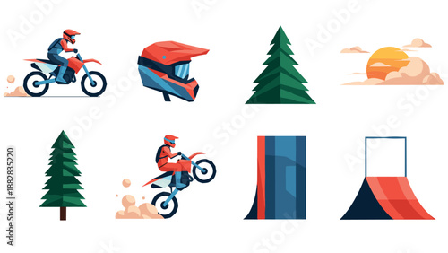 Geometric motocross adventure pack with nature elements and ramps
