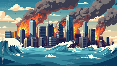 Dramatic urban conflagration with ocean waves and smoky sky