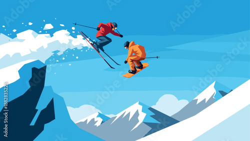 Dynamic winter sports: skiing and snowboarding adventure in vibrant minimalist art