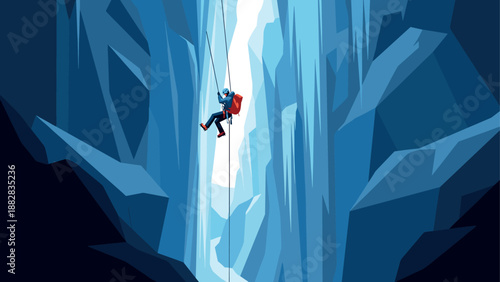 Climber descending in deep blue canyon with shadows and natural light