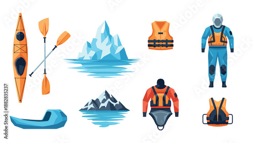 Flat design kayaking gear and arctic exploration equipment collection