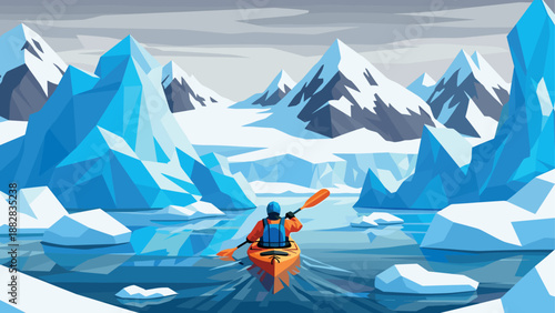 Adventurer kayaking through majestic arctic glacier landscapes in vibrant digital art