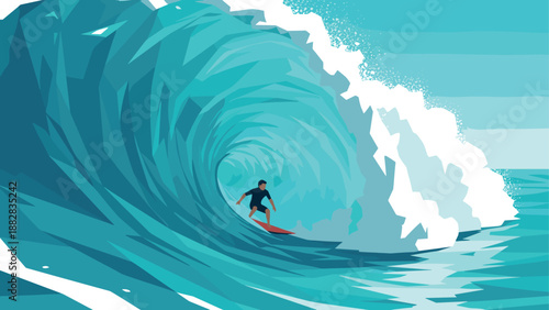 Surfer riding a giant wave in crystal clear ocean, abstract geometric art style