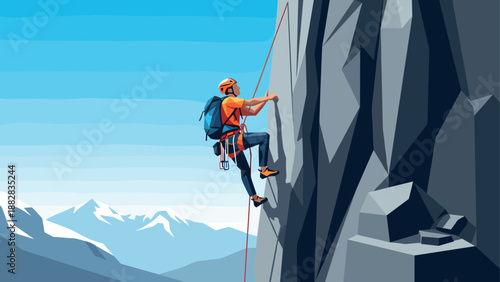 Dynamic climber ascends rugged mountain under clear blue sky