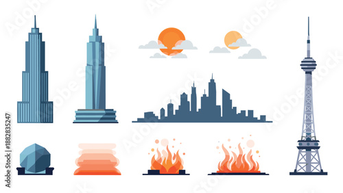 Modern cityscape elements with iconic skyscrapers and abstract fire motifs