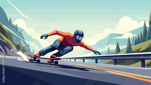 Dynamic longboarder in mountain landscape captured in vibrant low-poly art style