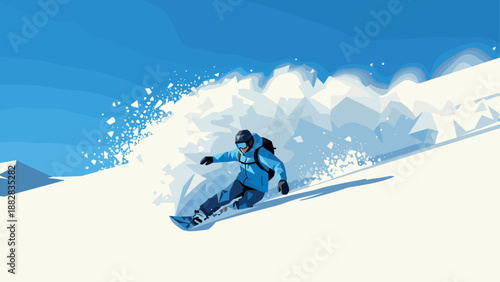 Snowboarder shredding downhill in dynamic low poly art style on sunny day