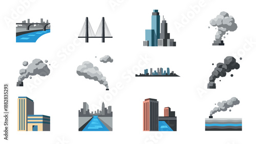 Industrial city elements illustrated in flat style with urban skylines and pollution details