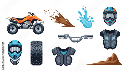 Off road adventure set with quad bike and gear in modern design