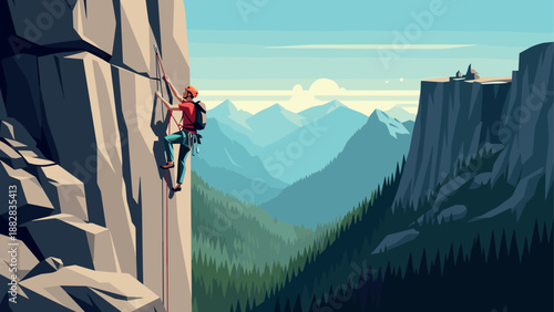 Rock climbing adventure in scenic mountain landscape with clear blue sky