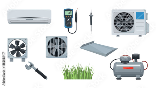 Hvac equipment and tools with grass and wrench in detailed design