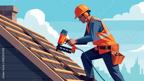 Roofer working on a roof with nail gun in vibrant cartoon style