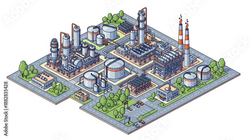 Industrial Oil Refinery Complex with Storage Tanks and Towers.