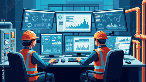 Control room with engineers monitoring data on multiple screens