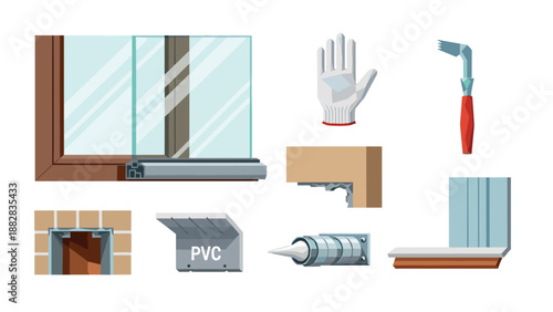 Window installation elements with tools in colorful modern design