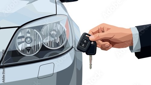 Realistic hand holding car key near vehicle headlights