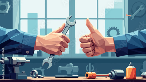 Collaborative workshop scene with handshake and tools in a modern garage