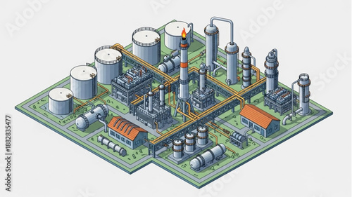 Industrial Oil Refinery Plant Complex Isometric View.