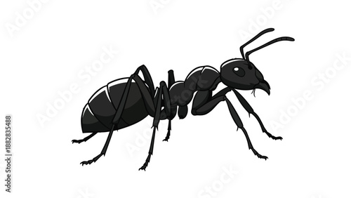 A detailed cartoon black ant, showing its segmented body, legs, and antennae. Clean white background highlights this insect. Perfect for simple,