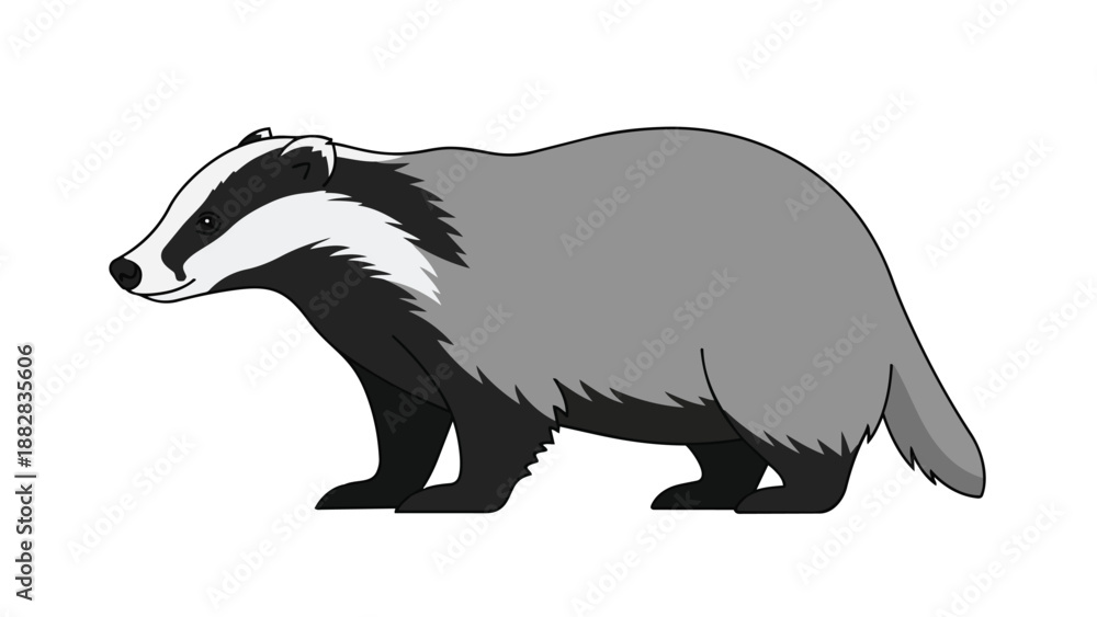 Fototapeta premium Vivid flat design depiction of a sturdy European badger in profile view, showcasing its iconic black and white facial stripes and compact build for