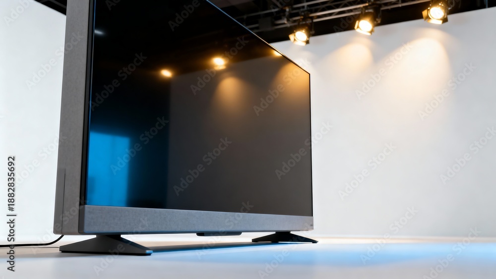 Fototapeta premium Close up view of large flat screen television on stand in studio setting with overhead lighting